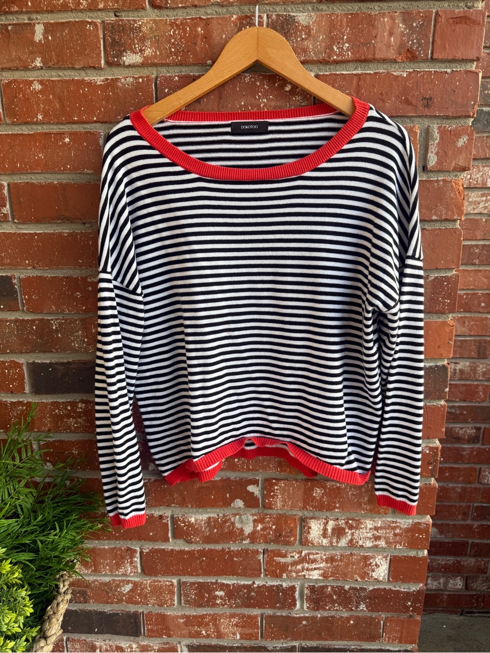 DOKOTTO Black & White Striped Sweater with Red Orange Trim